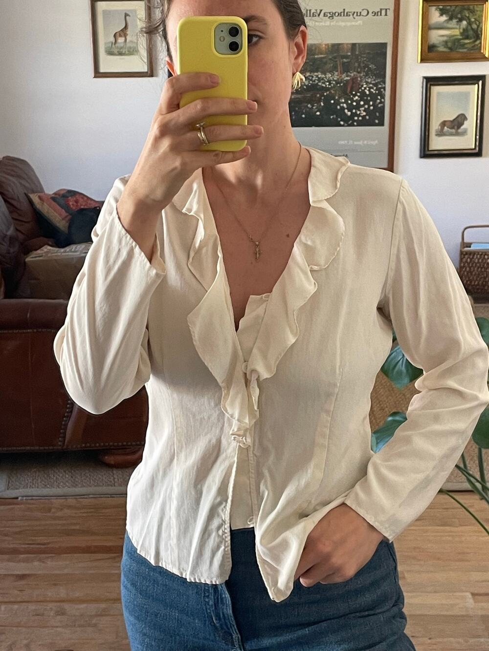 Vintage Cream Silk Ruffle Trim Blouse Size Small
